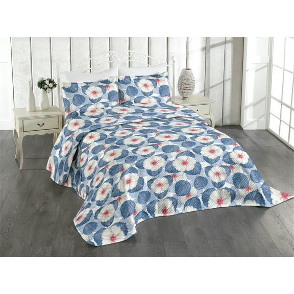 Ambesonne Spring Floral Quilted Coverlet 3 Pcs, Art Botanical Flowers, King Size, Sea Blue Eggshell