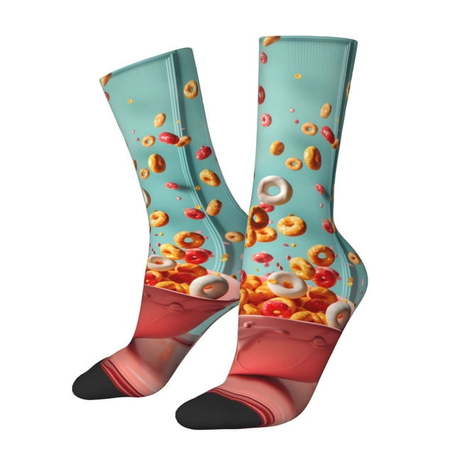 Kdxio Floating Colorful Cereal Print Unisex Crew Socks Casual Athletic Socks Novelty Socks Breathable Running Socks for Adult