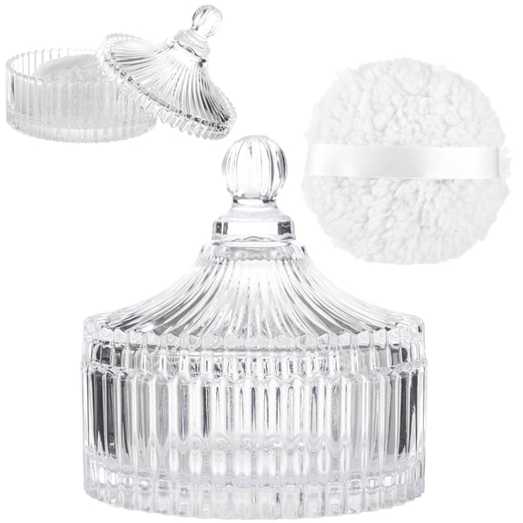 2 PCS Large Body Powder Puff with Glass Container Set, Soft Washable Puff Set for Face & Body, Reusable Puff with Ribbon Band for Makeup Glitter Application, After-Bath Care