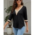 thumbnail image 3 of Women's Casual 3/4 Sleeve Shirts Lace V Neck Color Block Dressy Tops Trendy Hollow Floral Blouses T Shirts S-XXL, 3 of 13