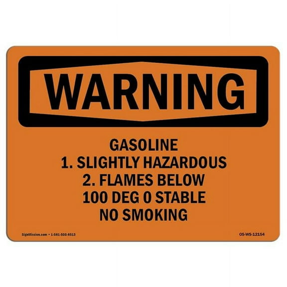 SignMission OS-WS-A-1824-L-12154 18 x 24 in. OSHA Warning Sign - Gasoline 1. Slightly Hazardous 2. Flames Below 100 deg 0 Stable No Smoking