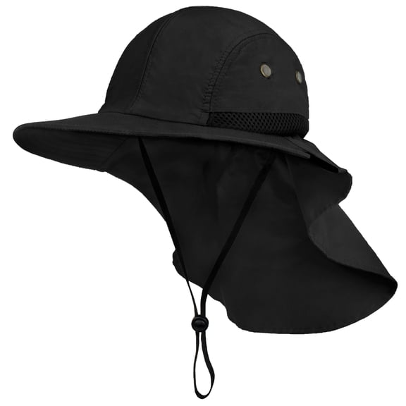 SUN CUBE UPF 50 Sun Hat Neck Flap Men Women, Wide Brim Fishing, Black