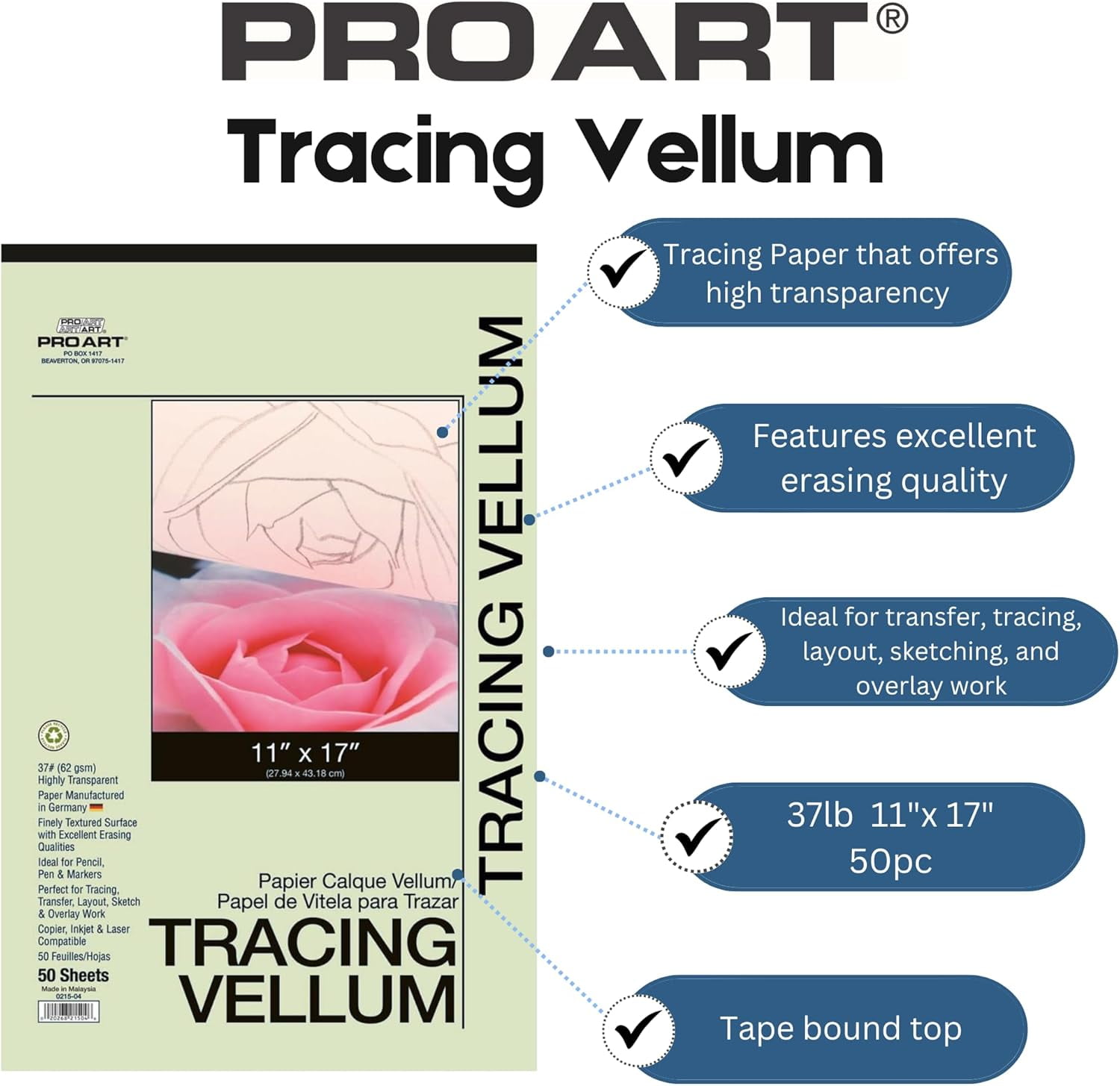 Pro Art Tracing Vellum Pad 11x17 Inch 37lb 50 Sheets Tape Bound
