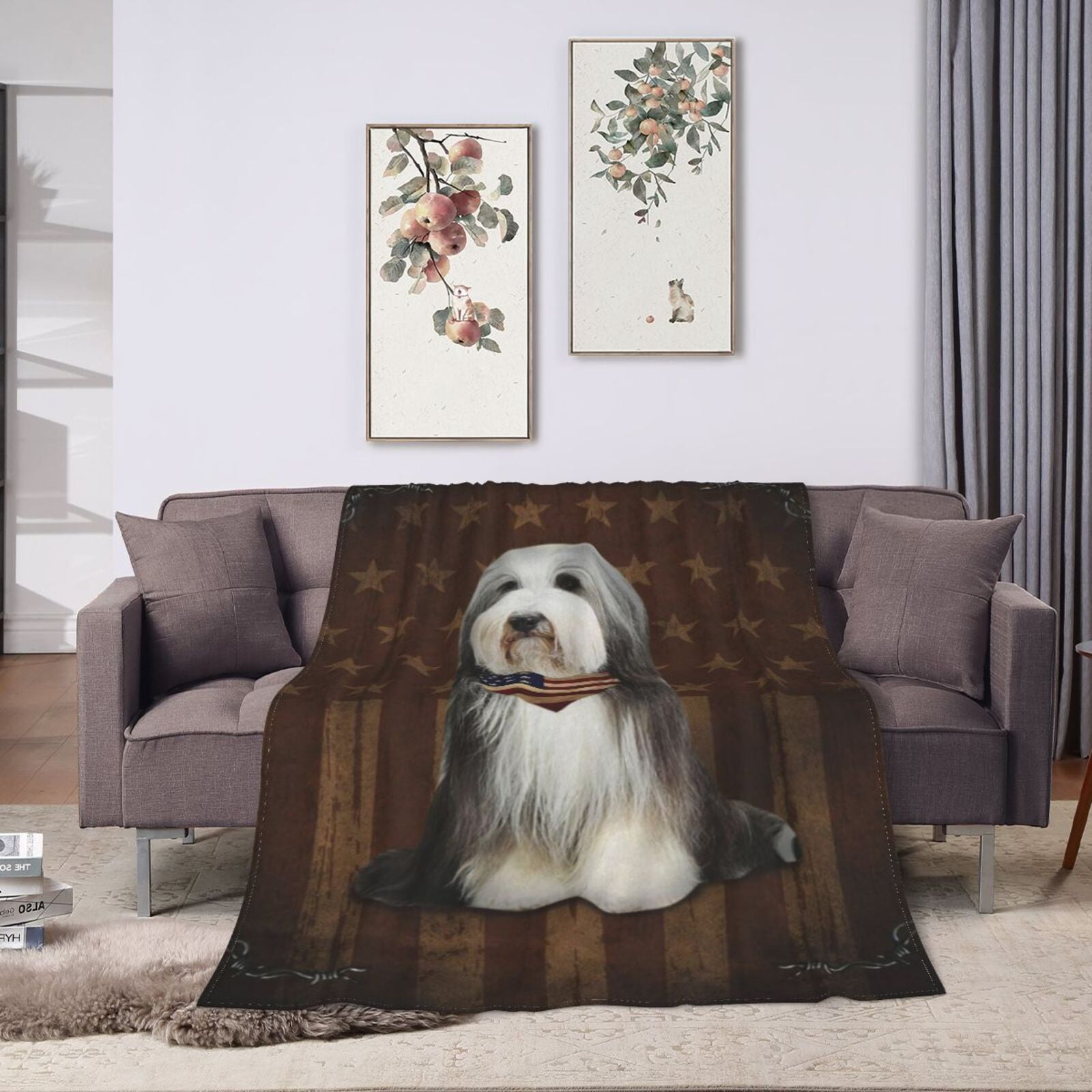 Wijzvio Bearded Collie Dog With Vintage American Flag Throw Blanket Soft Fuzzy Fleece Blanket For Couch Bed Living Room Decoration 60"X50"