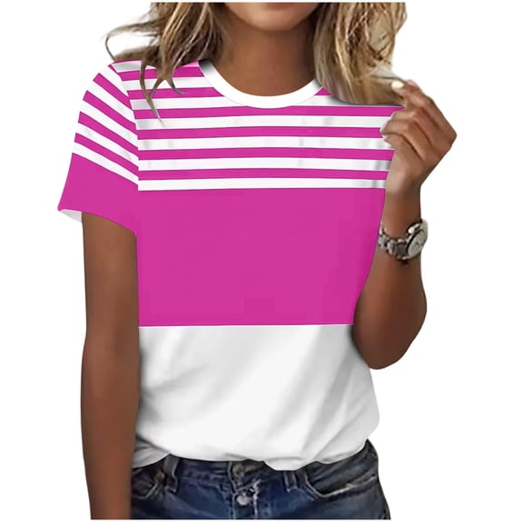 LNWUY Women's Fashion Striped Colorblock T-Shirt Casual Short Sleeve Crewneck Tee Graphic Tops for Daily Wear Pink M