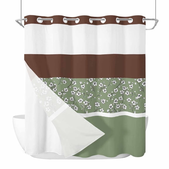 Sage Green Brown Flowers No Hook Shower Curtain Waterproof,Bathroom Curtains with Snap in Liners and See Through Top Window,Classic Botanical Art Elegant Hotel Style Bathtub Curtains Shower 66"Wx72"L