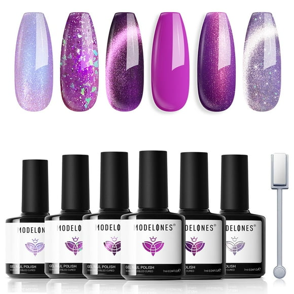 Set de esmaltes de uñas en gel Modelones, 6 colores, morado y plateado, ojo de gato