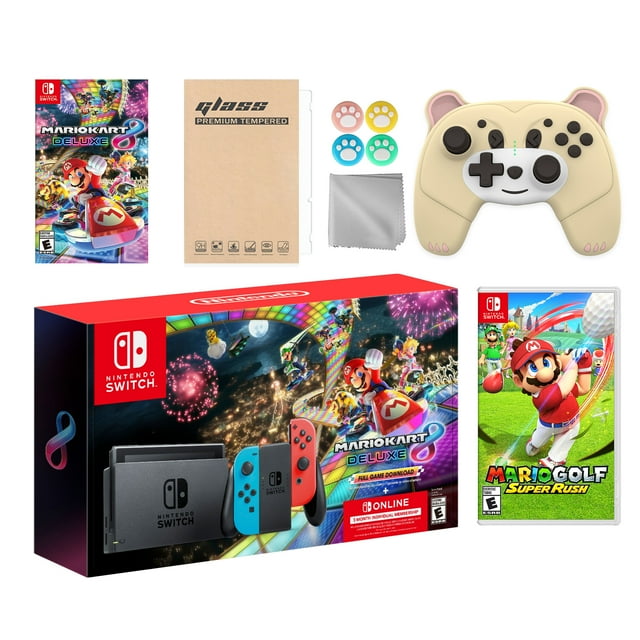 Nintendo Switch Mario Kart 8 Deluxe Bundle: Red/Blue Console, Mario Kart 8 & Membership, Mario Golf: Super Rush , Mytrix Wireless Pro Controller Peary Yellow Bear and Accessories