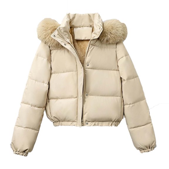 Smupbvky Womens Puffer Jacket with Faux Fur Hood Cropped Zip Up Warm Winter Coat Long Sleeve Quilted Outerwear (XL, Khaki)