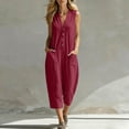 thumbnail image 3 of WULMLEO Womens Cotton Jumpsuits Sleeveless Casual Wide Leg Capri Rompers Baggy Button Down V Neck Summer Overalls Pockets Wine S, 3 of 7
