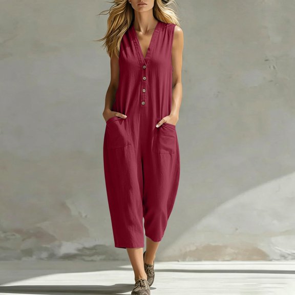 Capri Jumpsuits for Women Sleeveless V Neck Wide Leg Rompers Button Down Casual Summer Baggy Overalls with Pockets, S