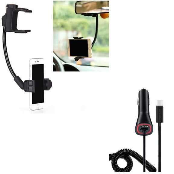 Power Type-C Quick Charger w Rear View Mirror Holder Car Mount R2K for Acer Liquid Jade Primo - Alcatel PulseMix, 7, Idol 5S 5 4S - ASUS Zenfone V Live, ROG Phone, AR 6 5z 4 Pro