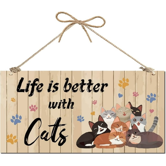 Life is Better with Cats Wood Sign Rustic Wooden Plaque with Jute Twine Kitten Decorative Cat Paw Print Wall Art Decor for Pet Shop Home Hanging Ornament Cat Lover Gifts 12 x 6 Inch