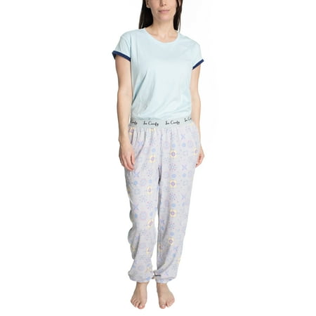 

Hanes Women s Soft Retro Short Sleeve Top and Jogger Sleep and Lounge Set Light Blue/Starlight X-Large