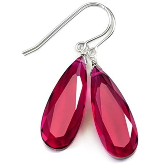 Sterling Silver Hot Pink Simulated Sapphire Earrings Long Narrow Faceted Teardrops Simple Drops Designed for Adult Women