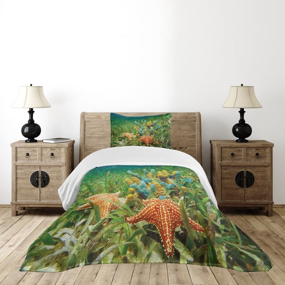Ambesonne Starfish Quilted Bedspread Set 2 Pcs, Underwater Life, Twin Size, Multicolor