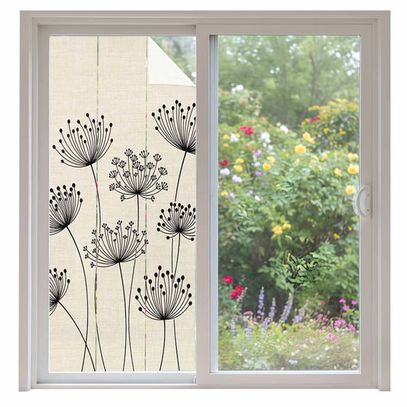 Farmhouse Dandelion Window Privacy Film, Spring Modern Country Flower Black Beige Static Cling UV Sun Blocking Heat Control Window Tint Day and Night, Non-Adhesive One Way Privacy Cover 35.4''x78.7''