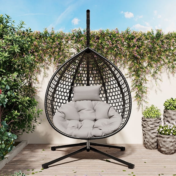 Hanging Hammock Egg Chair with Stand, Rattan Weave, Indoor/Outdoor Swing, Soft Removable Cushion for Balcony, Bedroom, or Garden,Black Gray