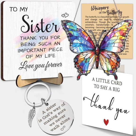 Gift for Sisters, Wooden Sister Plaque Decoration, Butterfly Ornament, Sisterhood Engraved Keychain, Thank You Card, Best Sister Ever Gifts For Birthday Appreciation Sisters FF762
