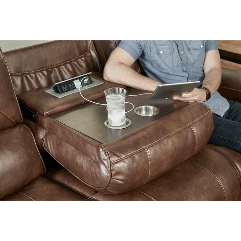 Roundhill Furniture Achern Brown Leather Air Nailhead Manual Reclining 3 Piece Sofa Set