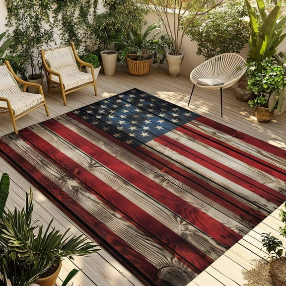 Fsddascl American Flag Outdoor Rug for Patio/Deck/Porch, Non-Slip Large Area Rug 4 x 6 Ft, Stars And Stripes Vintage Wooden US Flag Indoor Outdoor Rugs Washable Area Rugs, Camping Rug Carpet