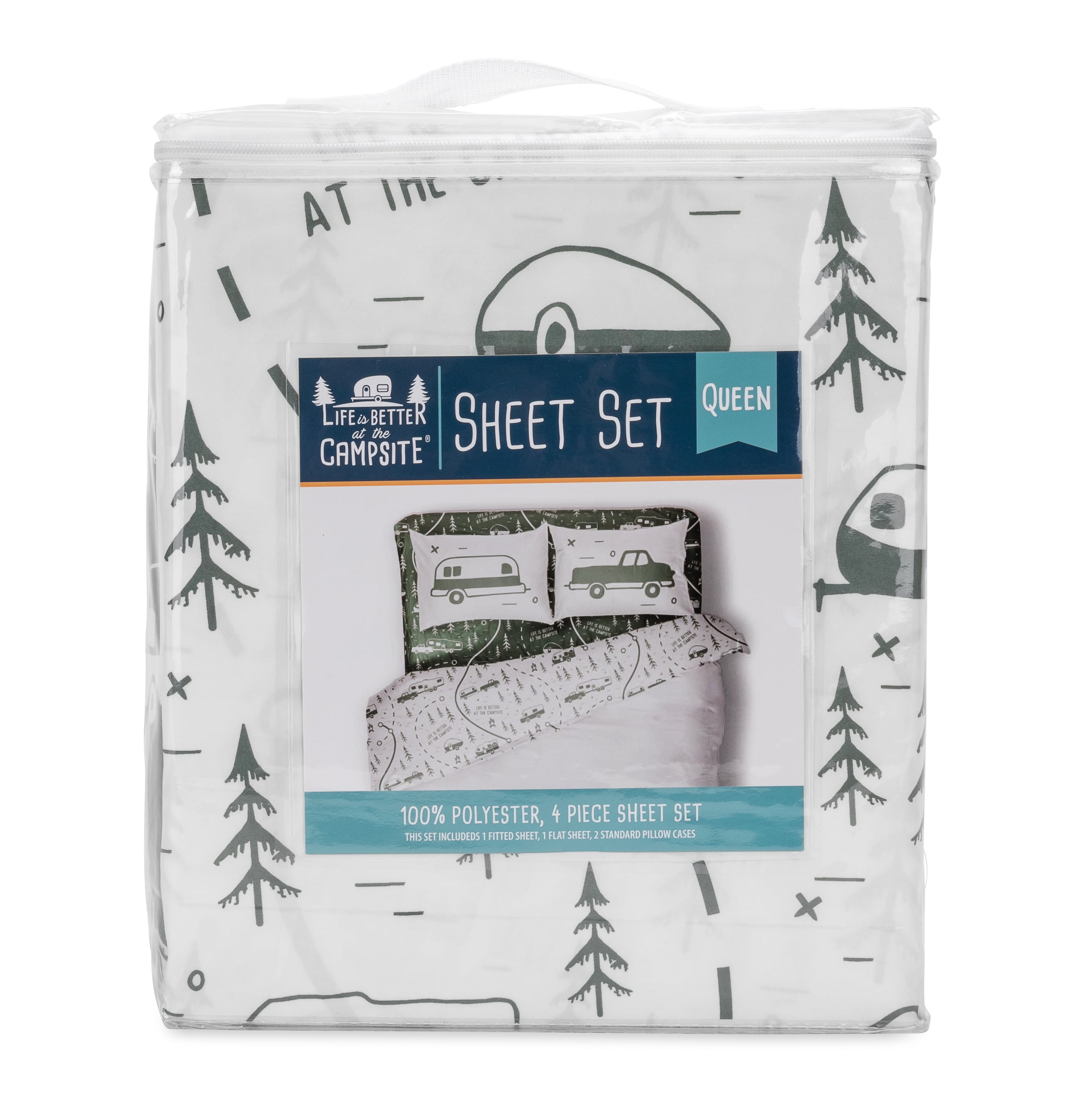 Life is Better at the Campsite RV Queen Bed Sheet Set, Green Map, Polyester (53476)