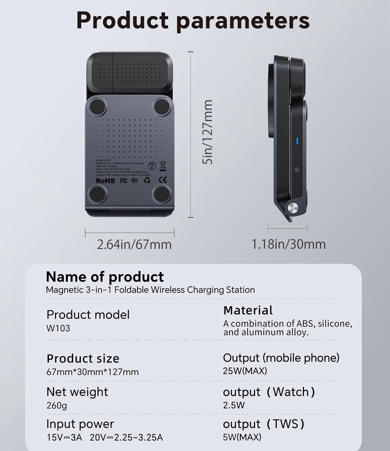 Koolehaoda 3 in 1 Charging Station for MagSafe Qi2.2 25W Fast Charger Magnetic Wireless Foldable Stand with TEC Active Cooling for iPhone 17-12 Series/ S26 Ultra/Pixel 10/ Apple Watch/AirPods