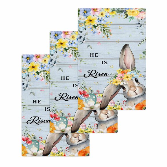 Easter Kitchen Dish Towels for Drying Dishes Set of 3, Spring Farmhouse Bunny Flower Blue Wood Grain Waffle Weave Microfiber Hand Tea Bathroom Towels Quick Dry & Absorbent Towel 15.7x23.6