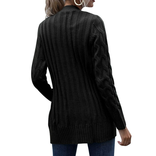 Sonducket Suéter de mujer con cuello en V Botón Prendas de abrigo Abrigo de otoño de punto de manga larga Prendas para la parte del cuerpo Negro L
