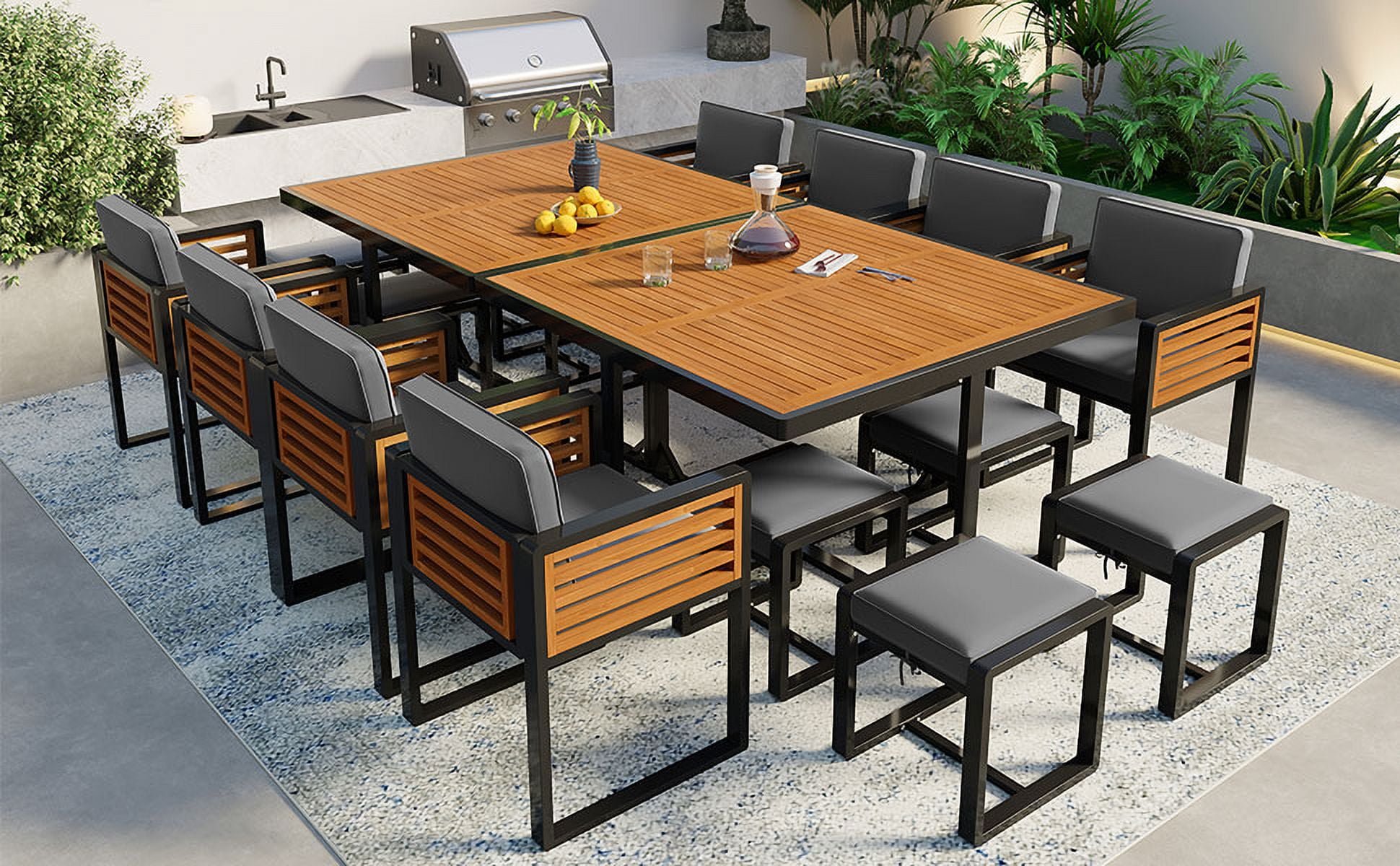 Euroco 18-Pieces Acacia Wood Patio Dining Set, Space Saving Outdoor Patio Set, 8 Cushioned Chairs & 8 Ottomans & 2 Square Table, for Backyard, Garden, Deck and Poolside