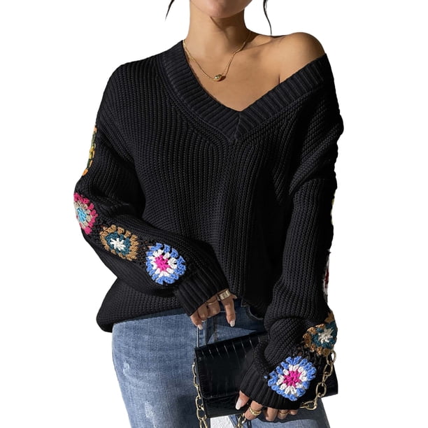 Suéteres de Larga de Crochet con Estampado Floral Bohemio Clásico para Mujer, Jersey Informal de Punto para Otoño-Invierno 2025. Negro S