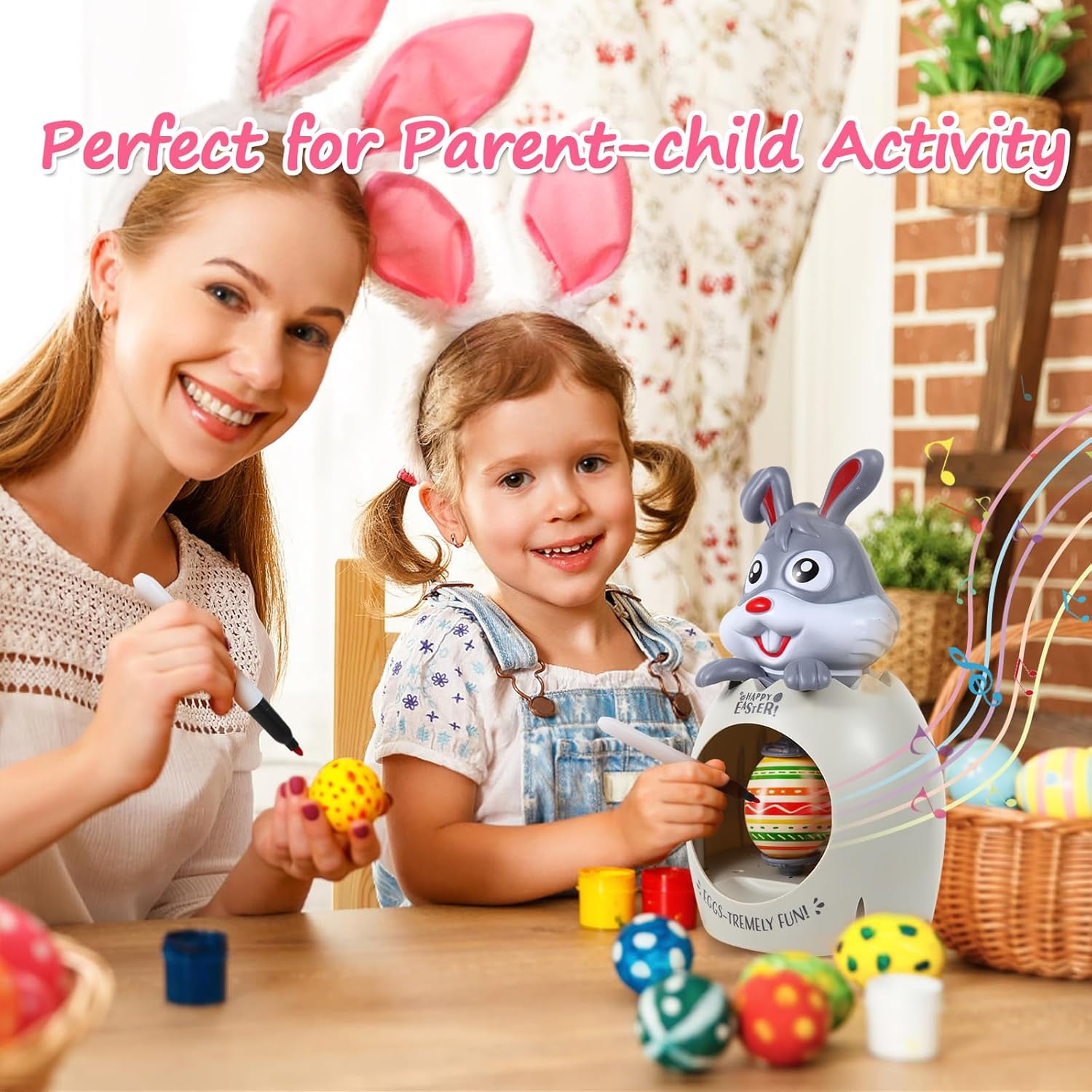 CEDQ Easter Egg Decorator Kit - Bunny Decorating Spinner Arts and Crafts Set with Music and Light, DIY Easter Eggs Coloring Kit with 3 Eggs & 8 Colorful Markers, Easter Gift for Kids Boys Girls Party