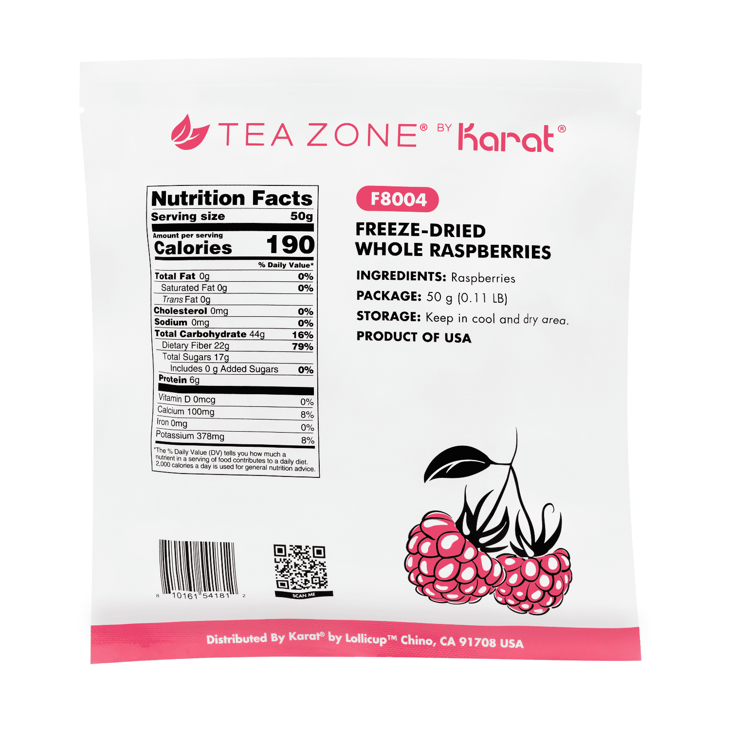 [12 Pack] Tea Zone Freeze-Dried Raspberry, Whole - 1.76 oz
