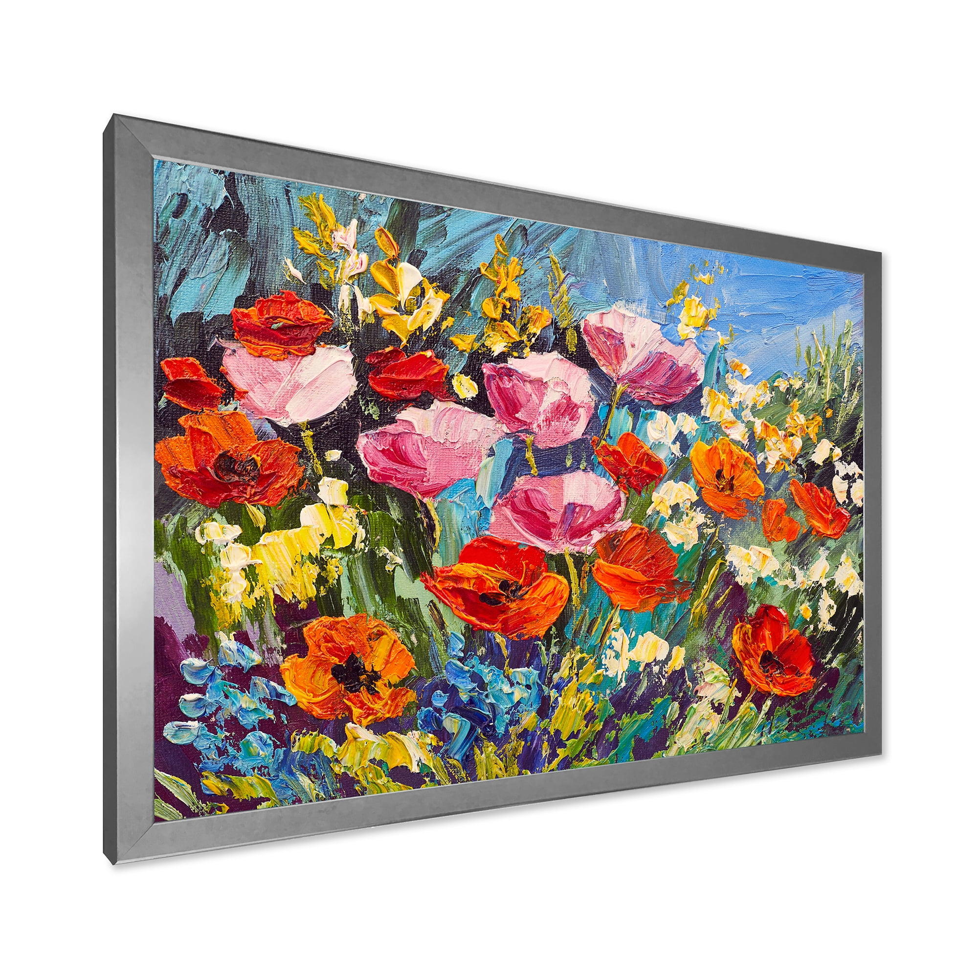 Colorful Spring Poppies In Field 32 in x 16 in Framed Painting Canvas Art Print, by Designart