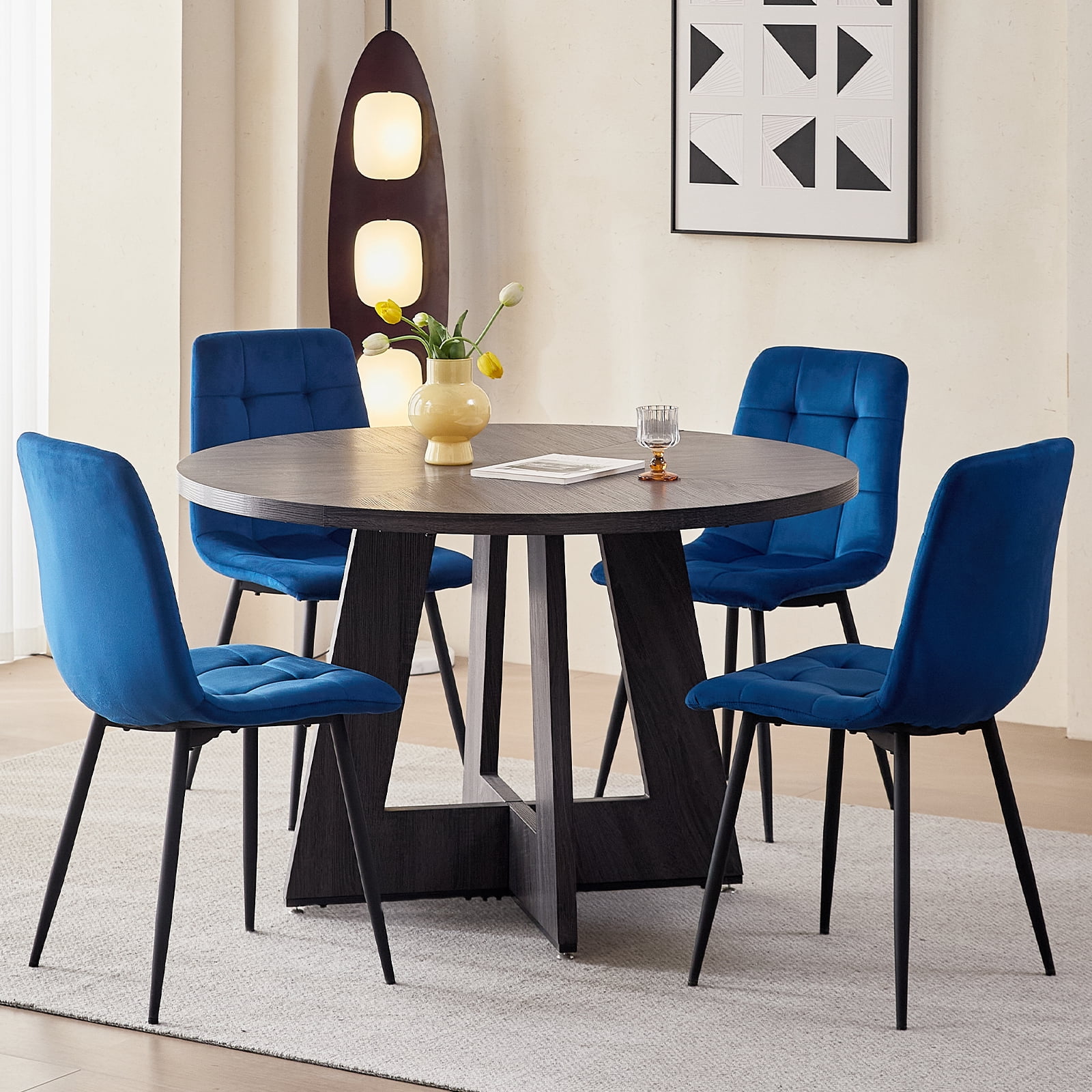 Set of 4 Velvet Dining Chairs - Mid Century Modern Dinning Chair, Upholstered Cushion Seat, Square-Patterned Backrest, Blue, Dinner Chairs with Metal Legs for Dining Living Room, Bedroom(Only Chairs)