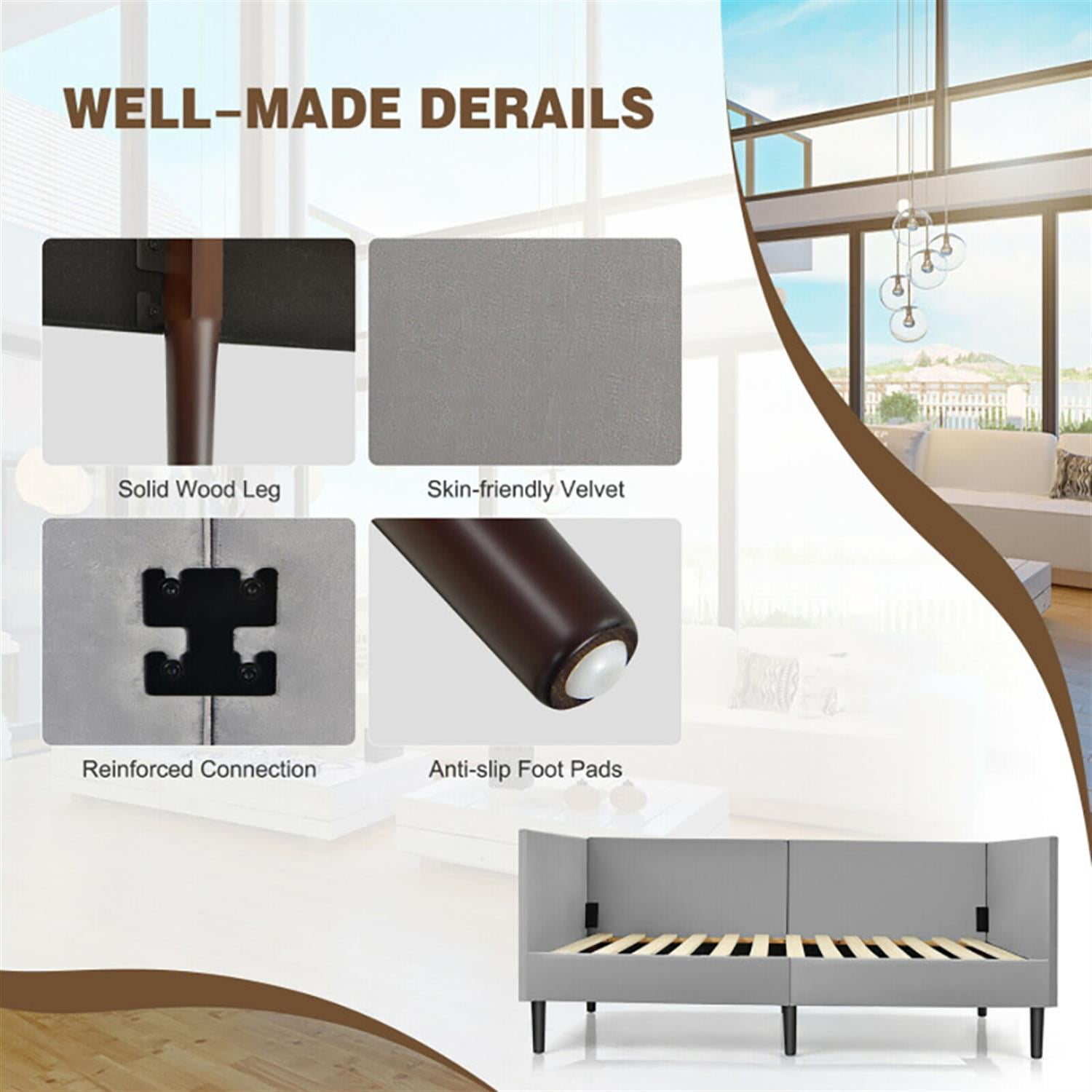 Demi Bonn Twin Size Daybed Frame with Sturdy Wooden Slat Support, Modern Bed Frame for Teens, Gray