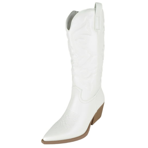 TOP MODA Women Cowgirl Cowboy Western Stitched Boots Pointy Toe Knee High Side Zipper White 7