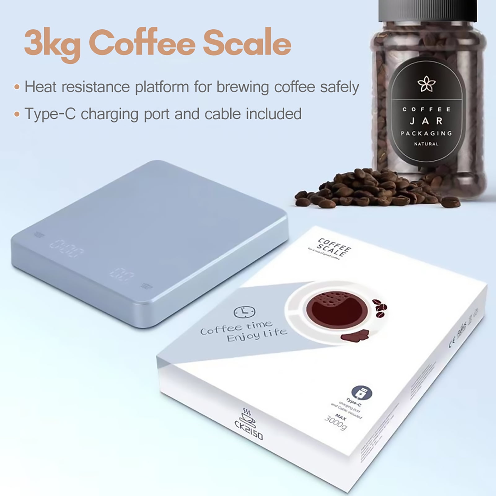 YAHHU High Precision Digital Coffee Scale with Built-In Timer and LED Display, USB Type-C Rechargeable Espresso Scale, 3000g / 6.6 lbs Max Weighing, 0.1g Accuracy, Measures in oz/ml/g, Light Blue