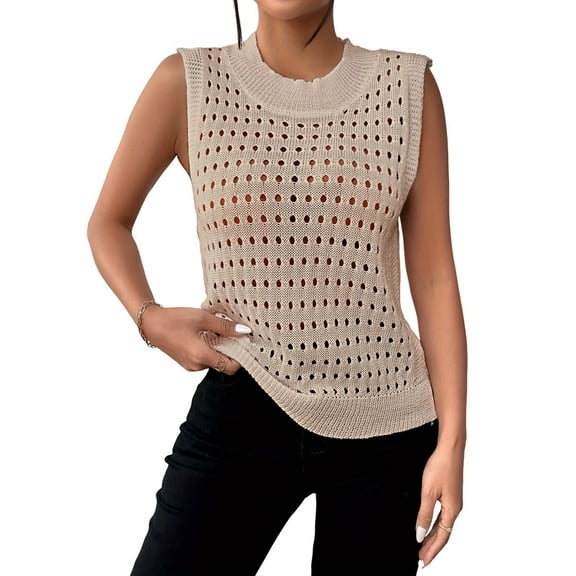 Womens Summer Knit Sweater Tank Tops Round Neck Crochet Hollow Out Sleeveless Casual Crop Shirt Khaki S