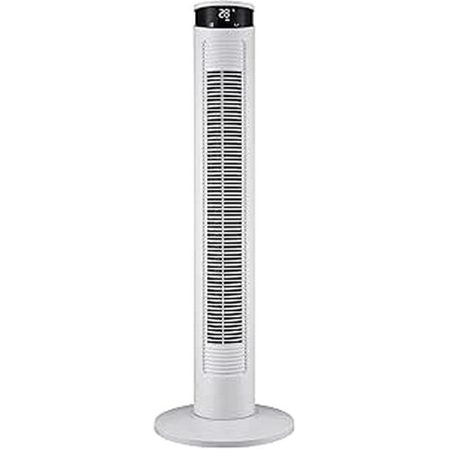 ventilador de torre oscilante con control remoto - 3 velocidades Blanco ZOMILUX 36" vista frontal completa de torre cilíndrica delgada con rejilla vertical de salida de aire, base circular estable y panel superior con pantalla LED; incluye control remoto y panel táctil según especificación, adecuado para sala o recámara y también usado para ventilar áreas de trabajo pequeñas.