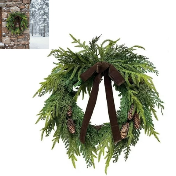 Christmas Pines Cones Velvet Bow Cedar Branch Wreath outside christmas decorations