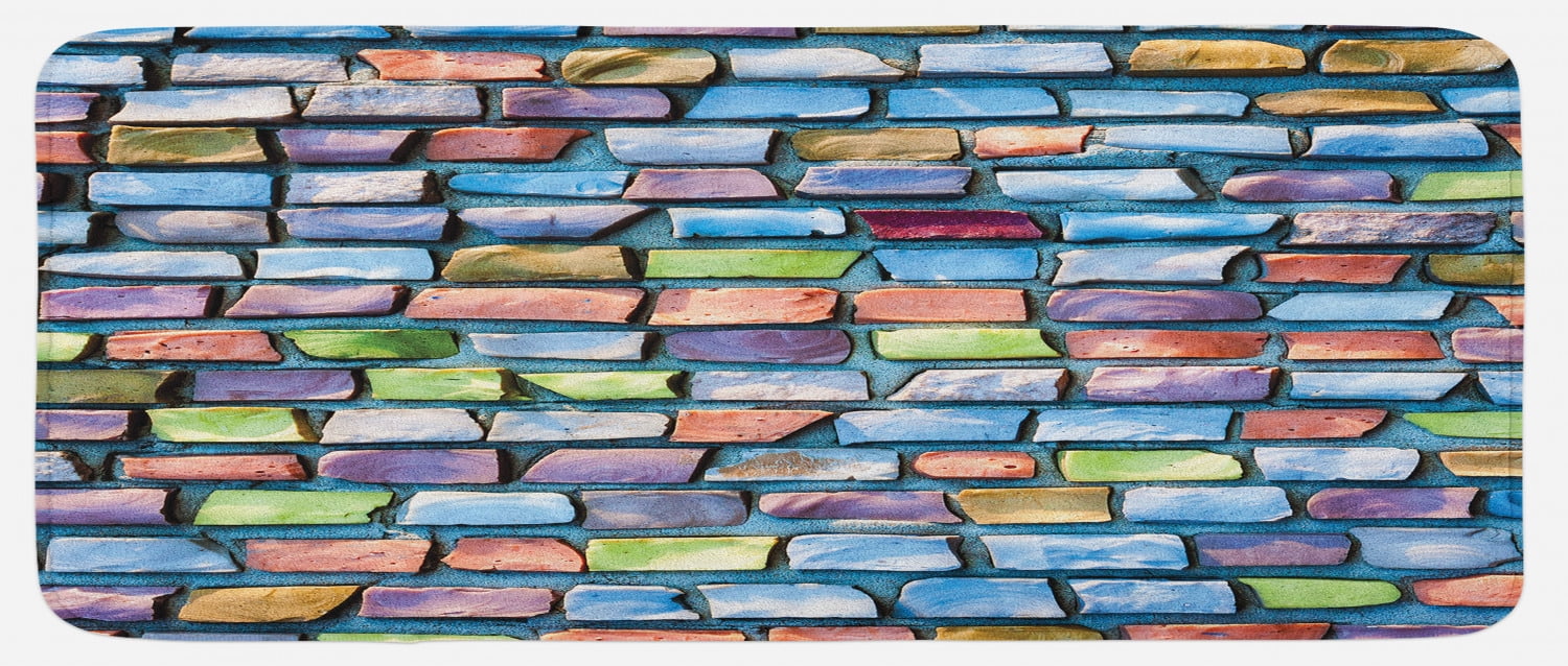 Geometric Kitchen Mat, Colorful Mosaic Tiles Pattern Brick Wall Design ...
