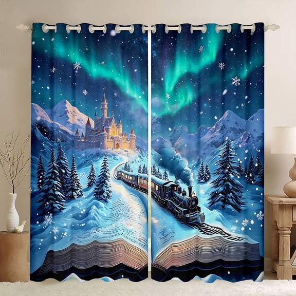 Castle Fairy Winter Castle Black Out Curtains for Kids, Northern Lights Curtains Pack of 2 (42x63 Each) for Bedroom, Blue and Green