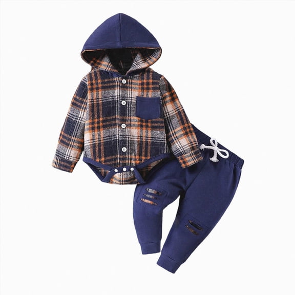 larppty Newborn Infant Baby Boy Clothes Long Sleeve Plaid Romper Hooded Letter Pants Outfits Set