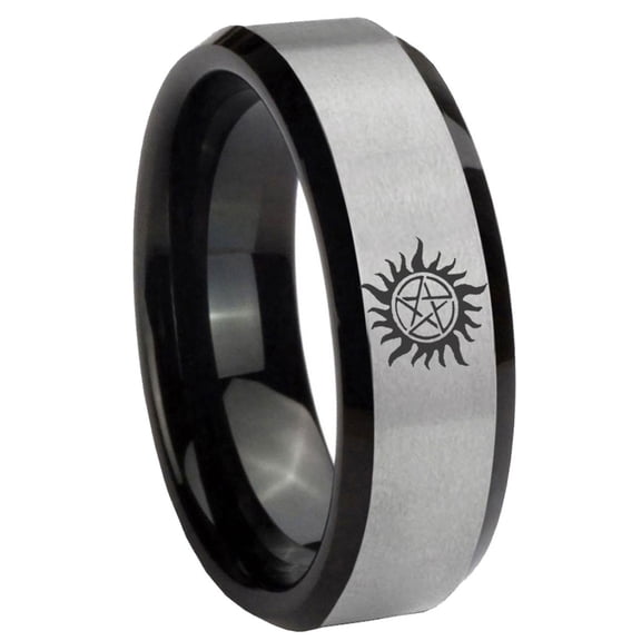 Supernatural Beveled Edge Gray And Black Tungsten Men Ring 10MM