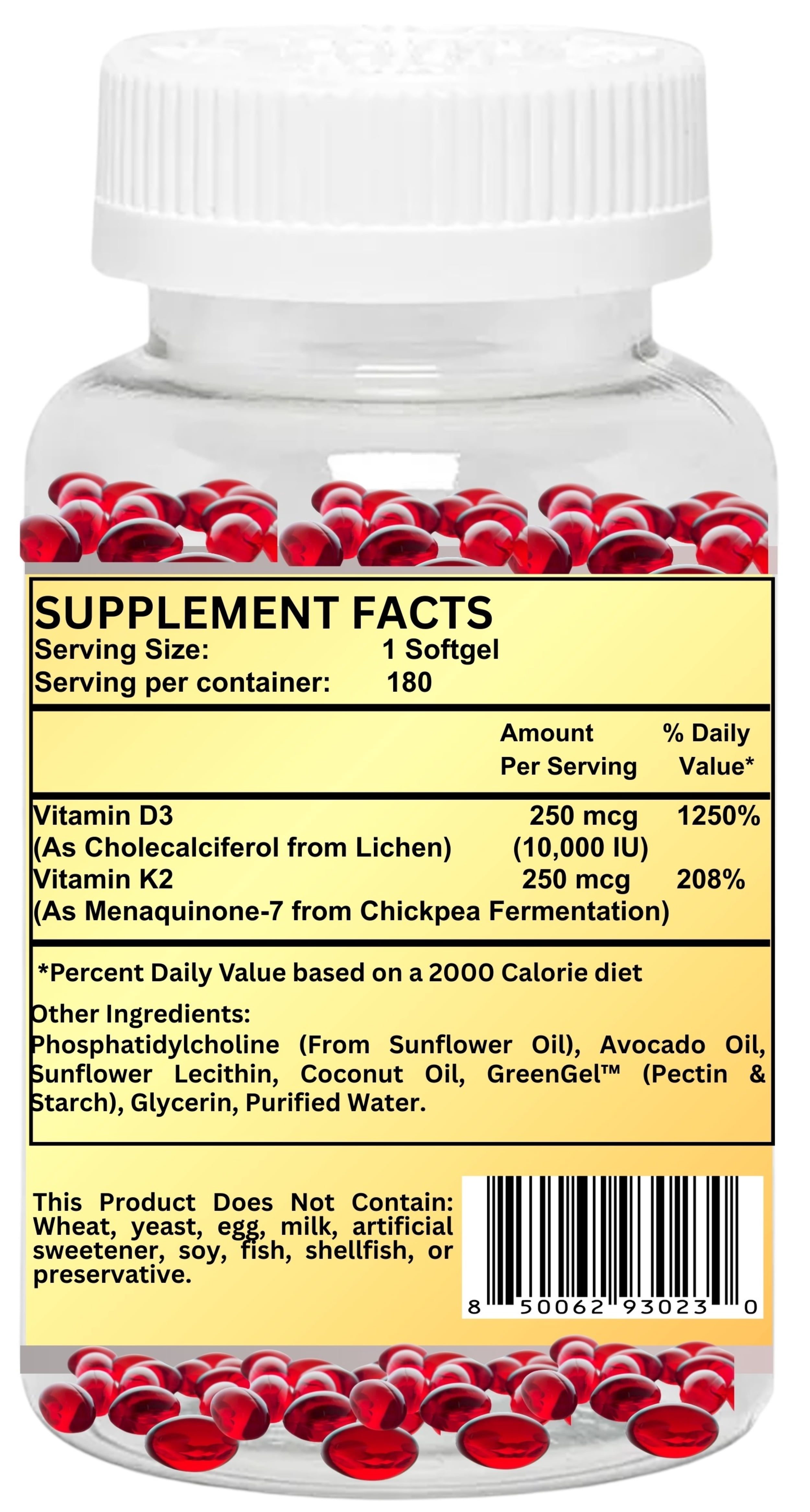 Nikoni Liposomal Vitamin D3 10,000IU + K2 Softgels Dietary Supplement, High Strength, 180 Vegan Softgels