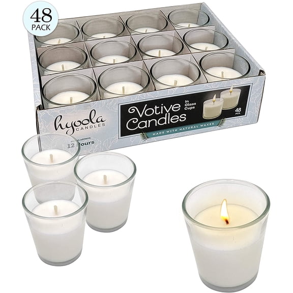 Hyoola Bulk Unscented 12 Hour White Votive Candles in Clear Glass Cups, Paraffin Wax with Cotton Wicks, 48-Pack