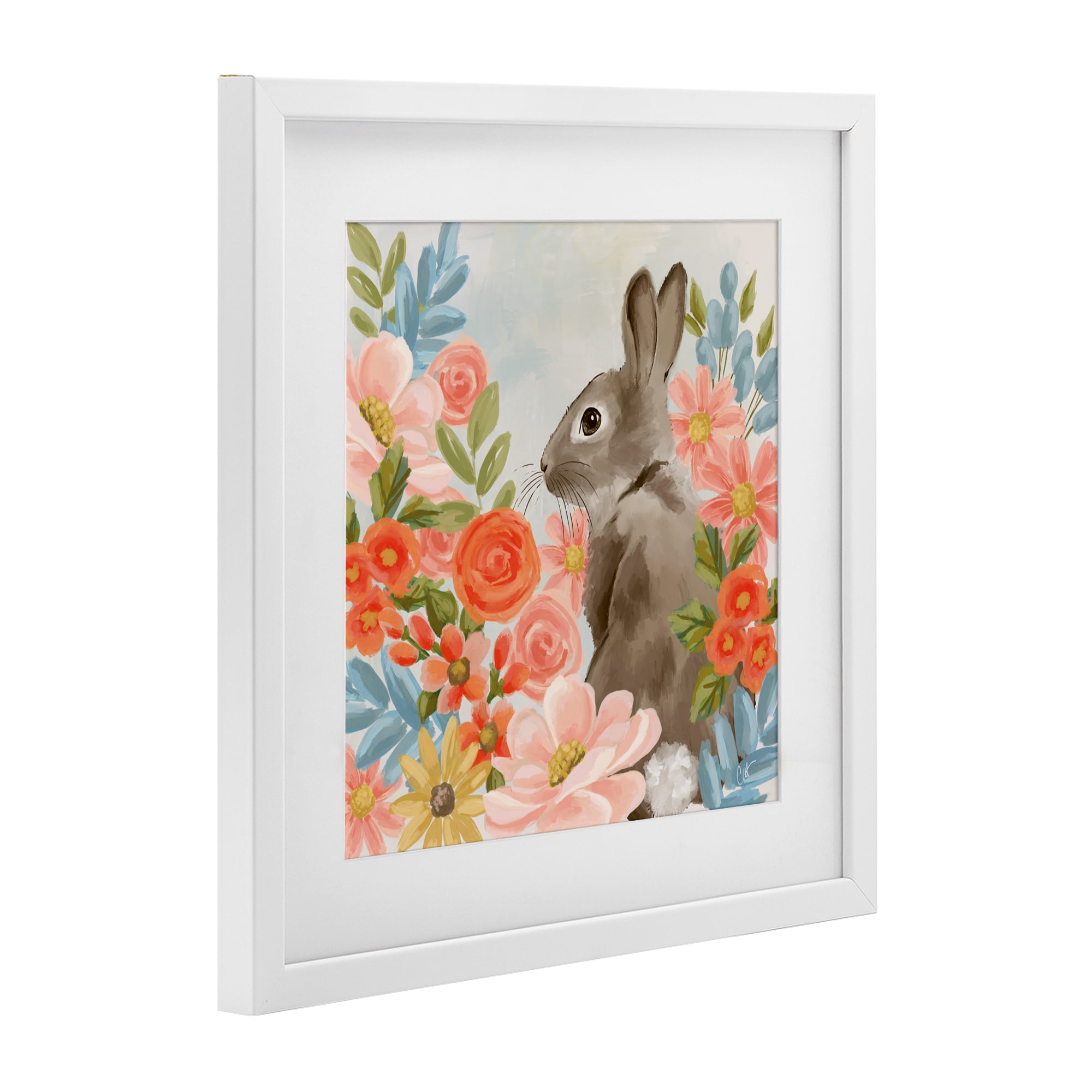 Stupell Industries Bunny In The Blooms White Framed Print Under Glass, design by Cat Thurman Designs