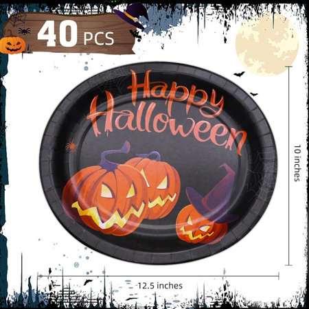 Wuquan-40 Pack Oval Halloween Plates 12 x 10 Inch Halloween Paper Plates Heavy Duty - Large Disposable Black Dinner Platters Orange Pumpkin plates for halloween Party
