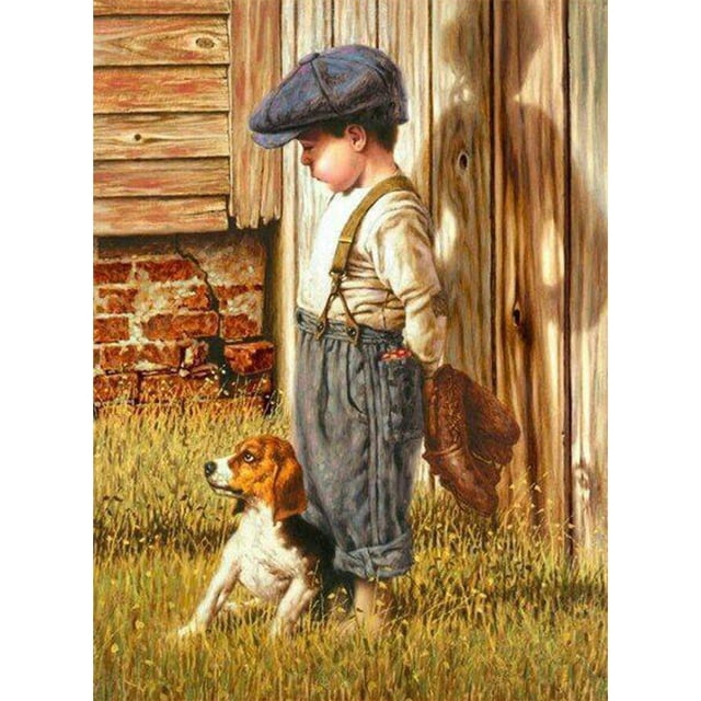 Pintura de diamante (DE9146) Cuadro de niño y perro Diamante de imitación Redondo completo 5D DIY 30x40cm FLhrweasw Nuevo